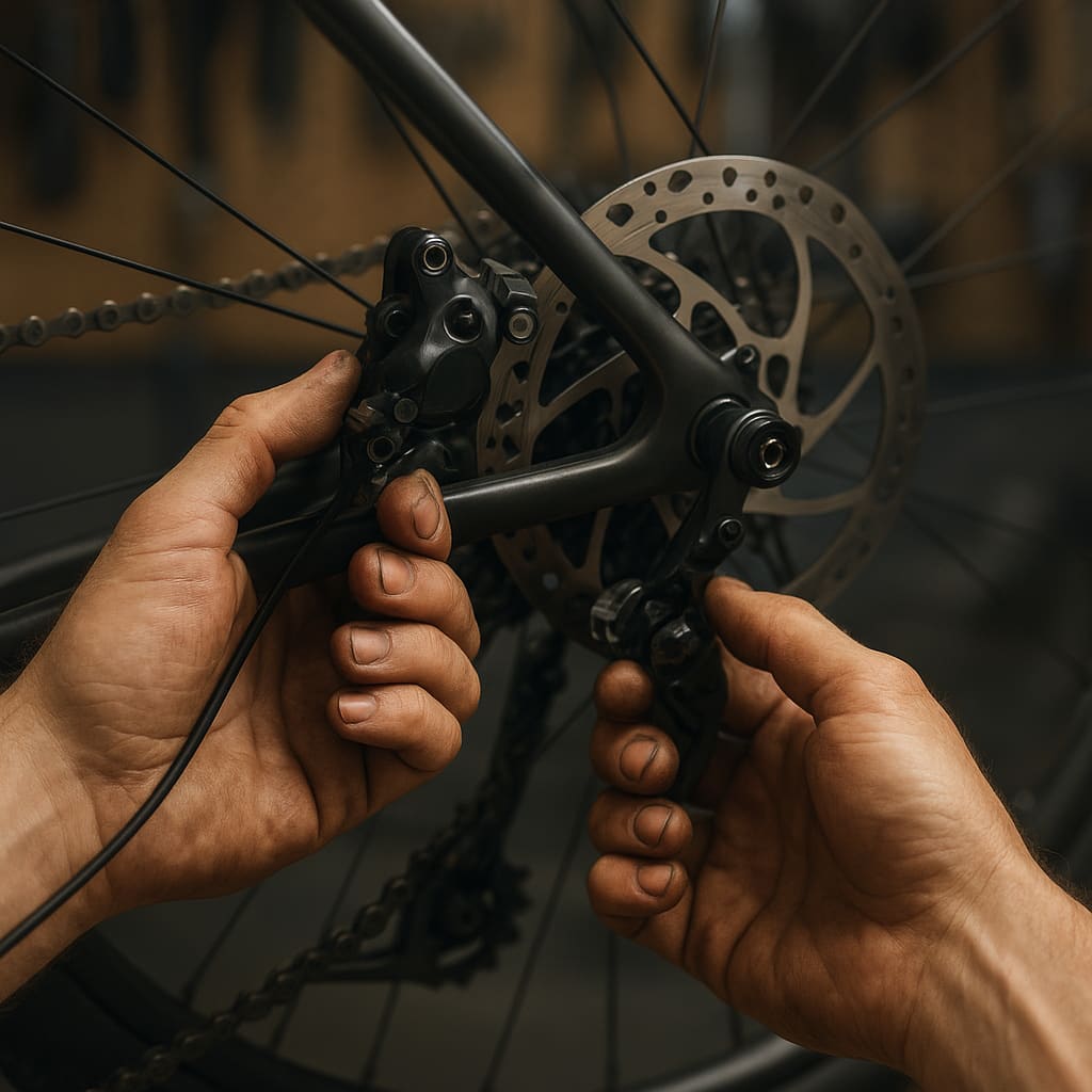 Hände reparieren Fahrradbremsen und Antrieb